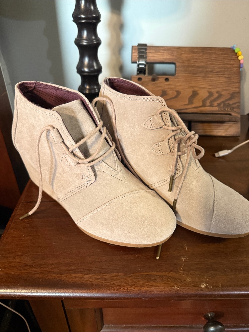Toms Beige Suede Lace-Up Ankle Booties